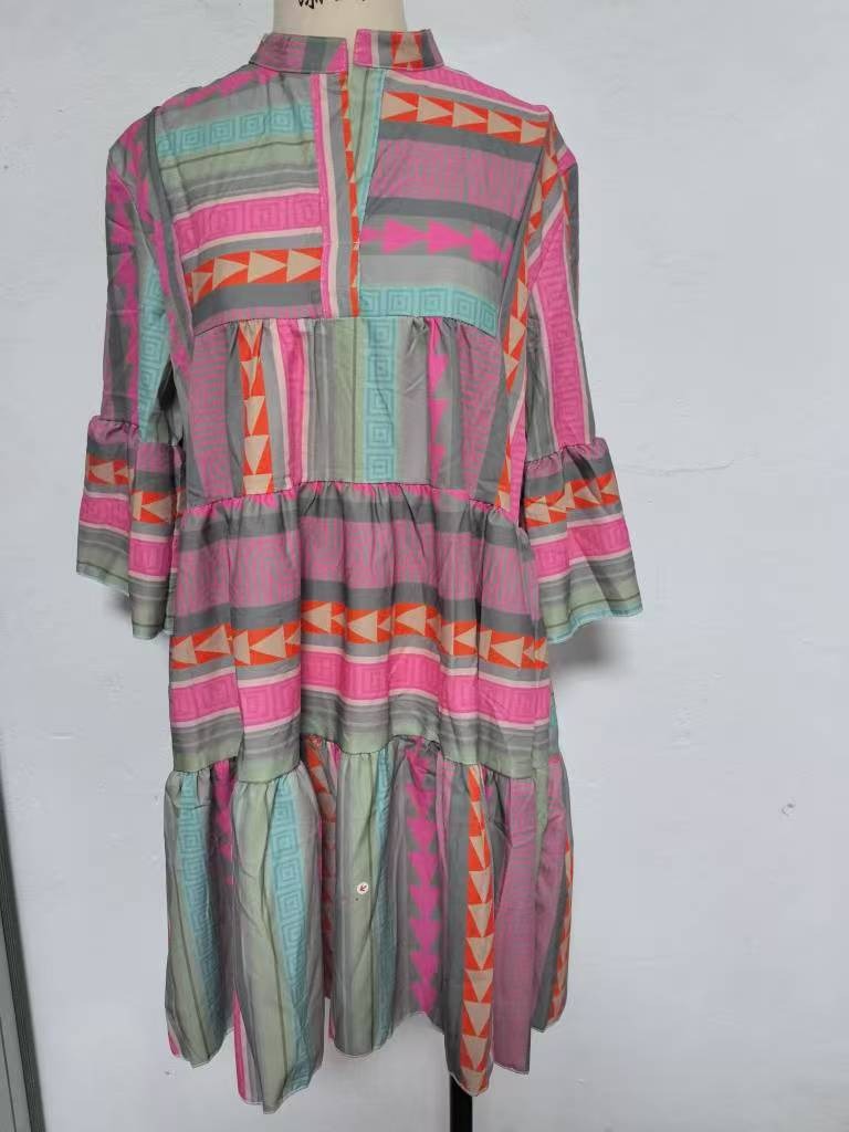 Robes pour femmes, col en V, manches trois quarts, pull, imprimé Floral, longueur aux genoux, coupe ample, décontractée, automne 2025