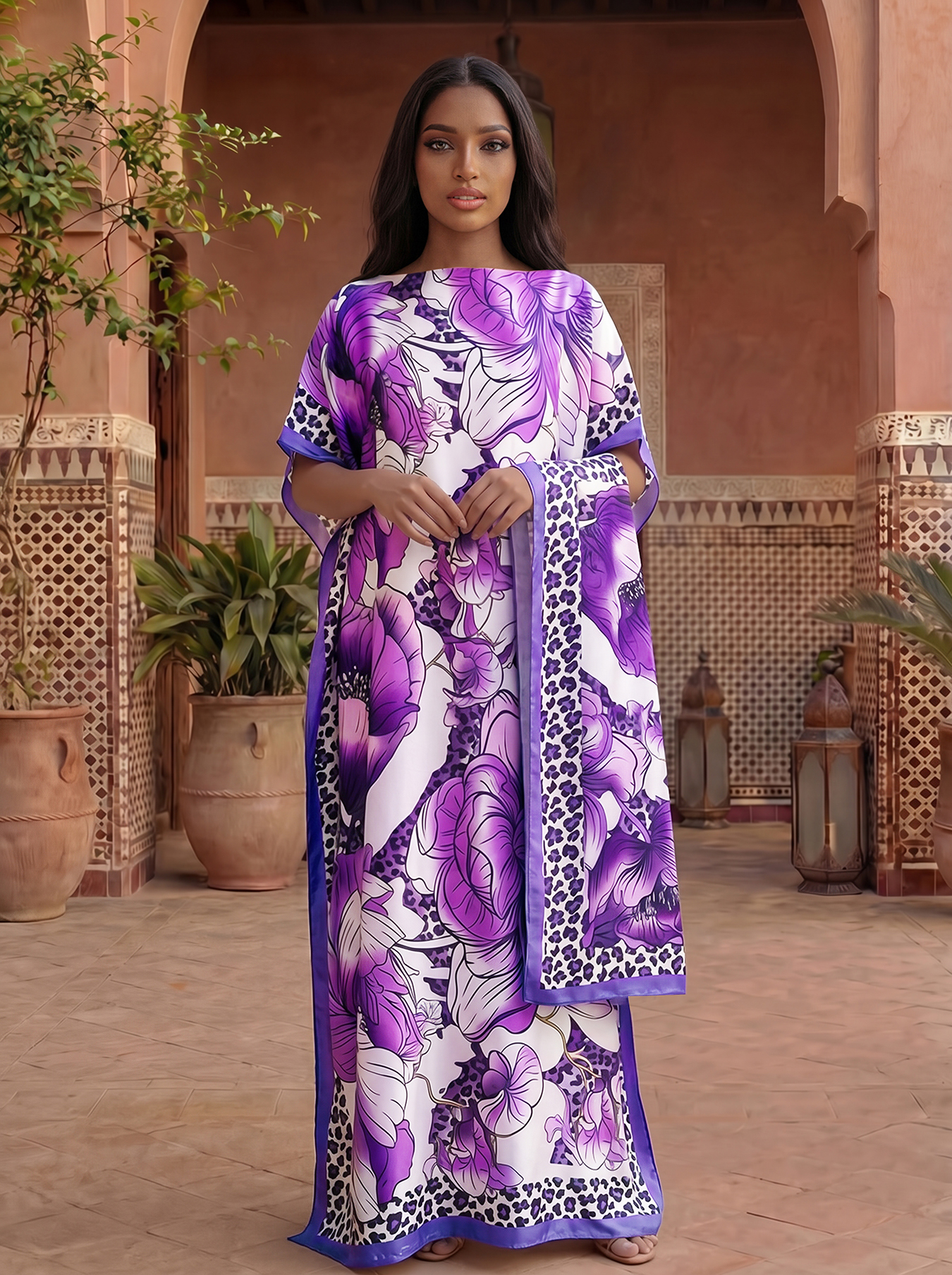 Abaya en satin à imprimé floral léopard avec foulard, kaftan maxi ample pour femmes musulmanes, tenue de plage estivale