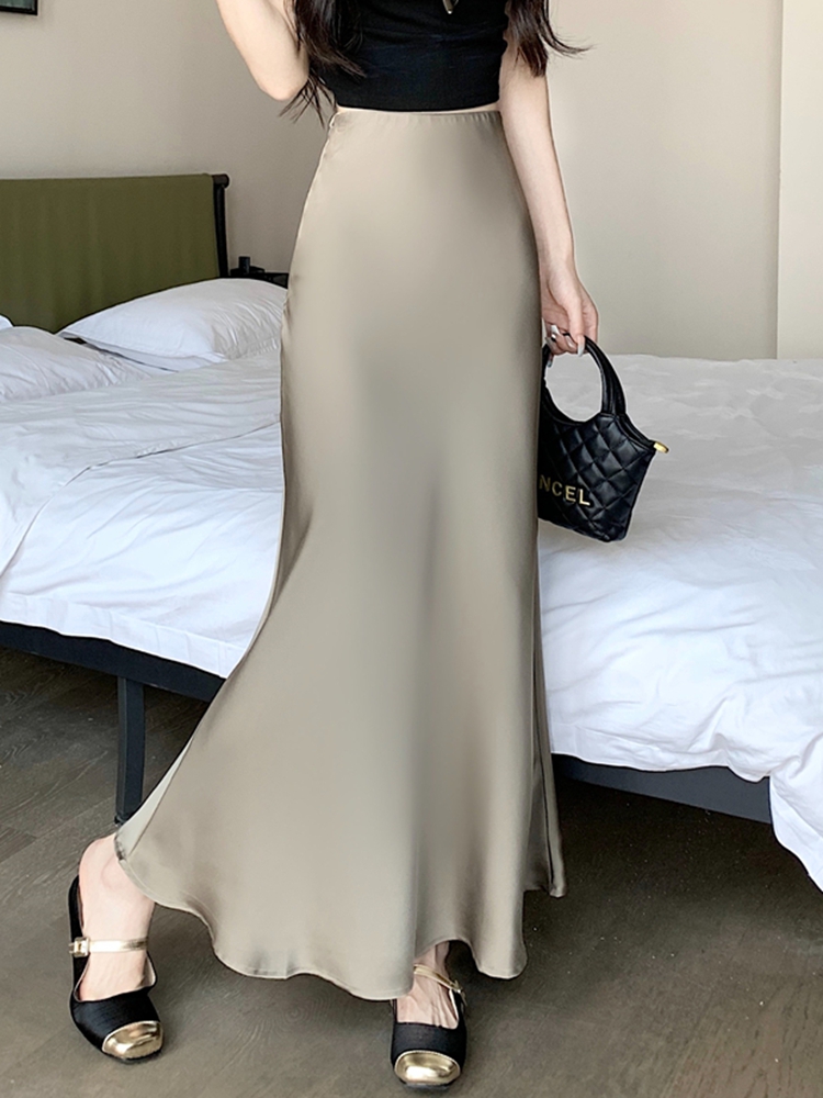 Jupes longues en Satin élégantes pour femmes, vêtements de mode coréenne, taille haute élastique, jupe noire, Streetwear d'été, jupe Midi trapèze, 2025