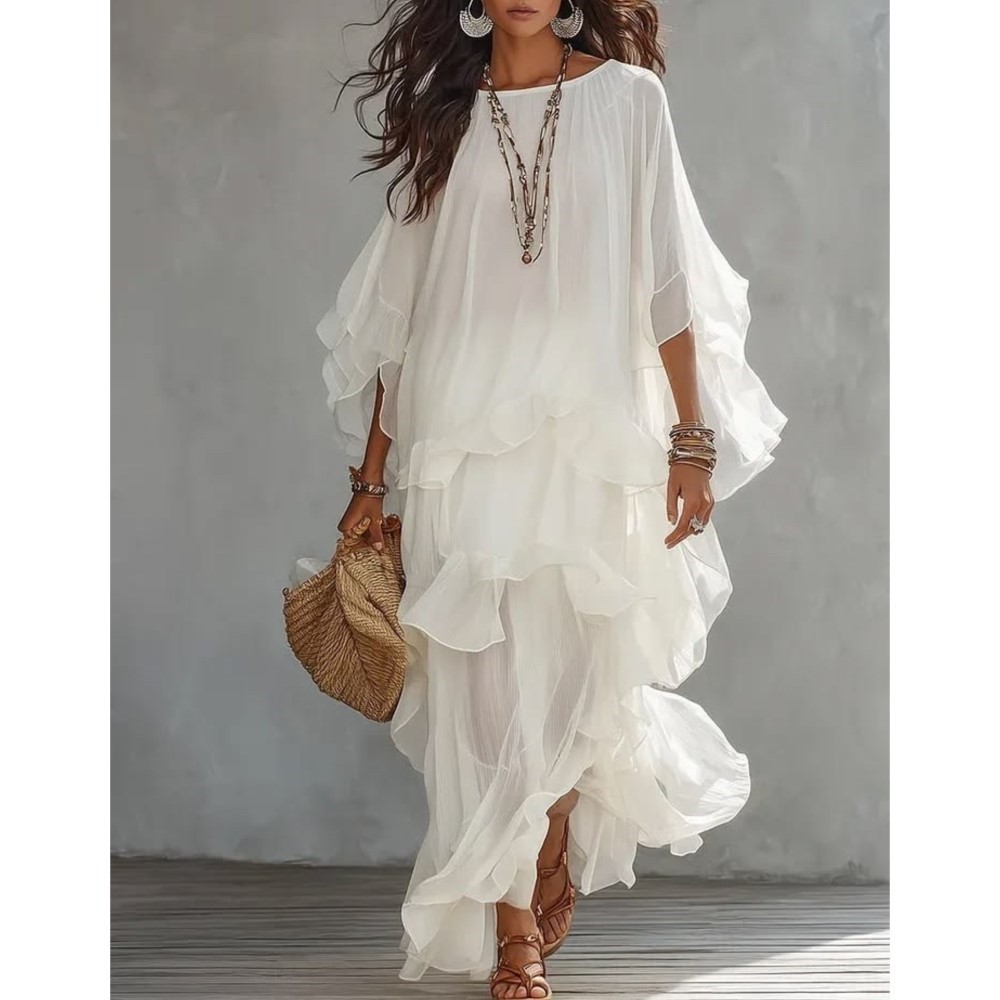 Robe longue d'été bohème en mousseline pour femme, col rond, manches chauve-souris, à volants superposés, ample et fluide, idéale comme robe de plage ou de vacances.