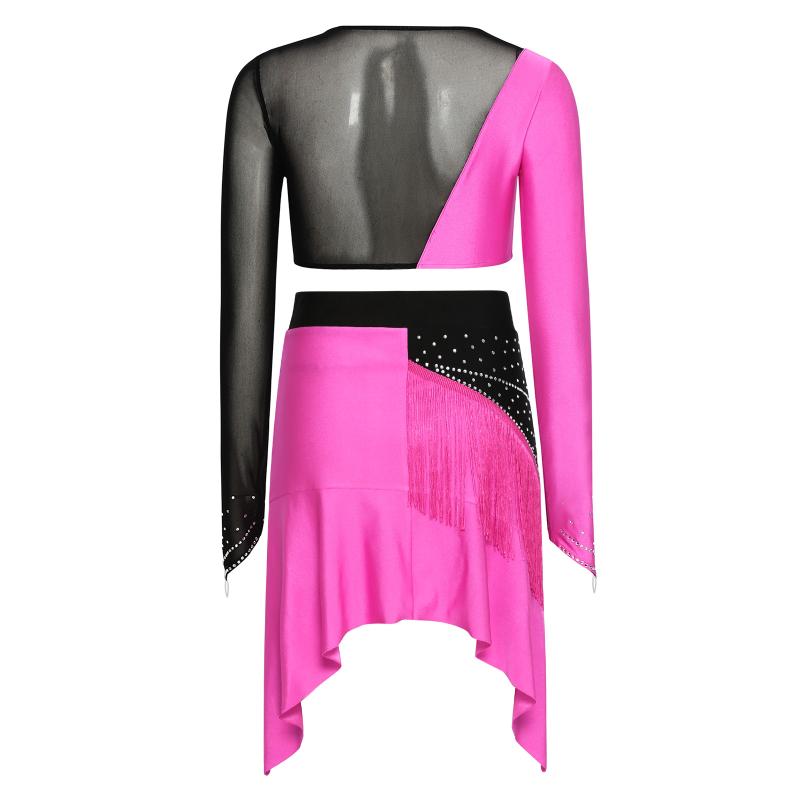 Ensemble de tenue de danse lyrique pour femmes, vêtements de danse contemporaine moderne, haut court en maille à manches longues avec franges et justaucorps à jupe, tenue de ballet