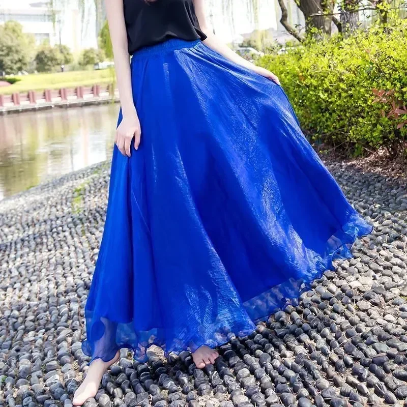 Longue jupe portefeuille en mousseline de soie plissée pour femmes, tenue de plage, taille haute, plissée, pour soirée dansante, C478, été