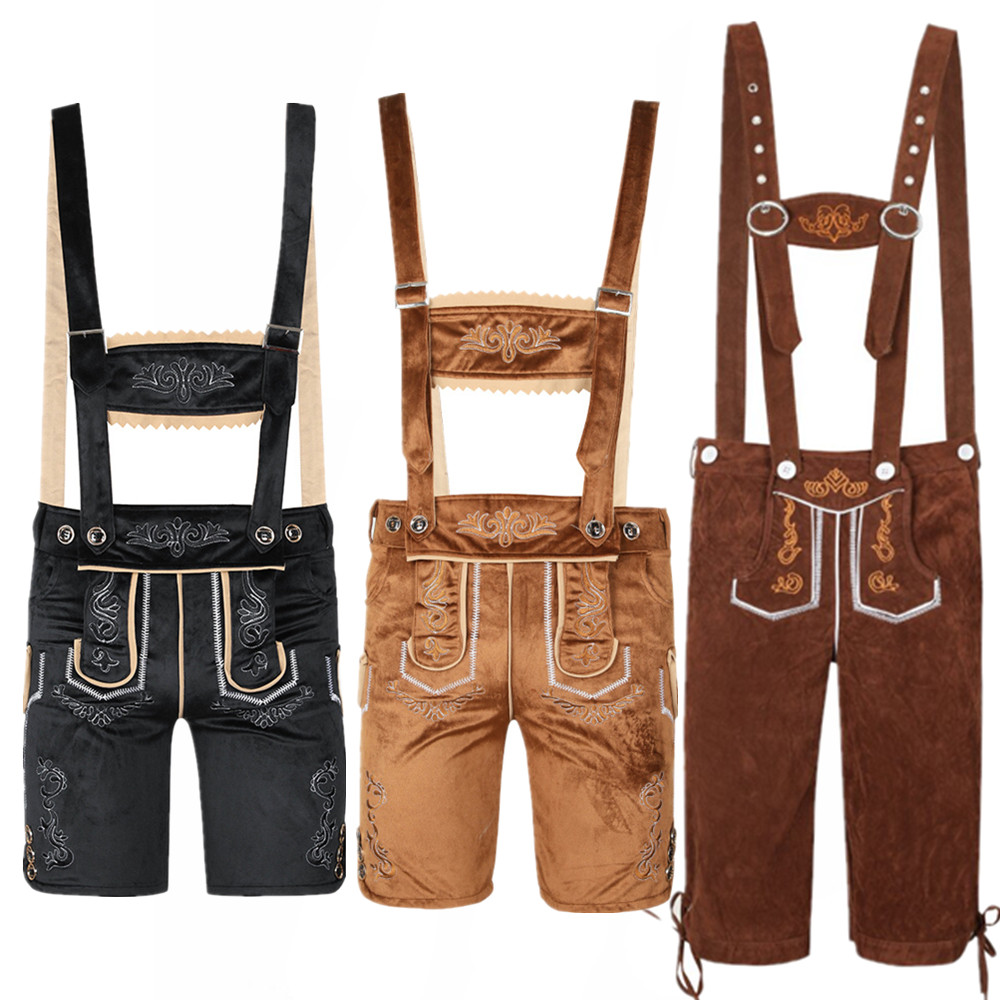 Costume allemand Oktoberfest Lederhosen pour hommes et femmes, tenue de Festival de la bière bavaroise, pantalon à bretelles marron et noir, Cosplay Halloween