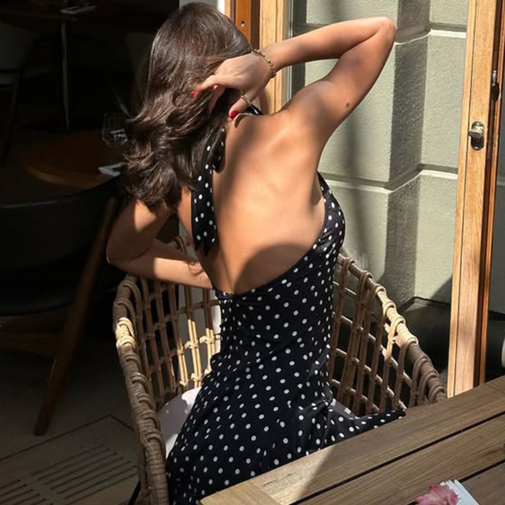 Robe sans manches dos nu tendance pour femme, taille cintrée, coupe trapèze, à pois, style bohème fluide, mini-robe de soirée