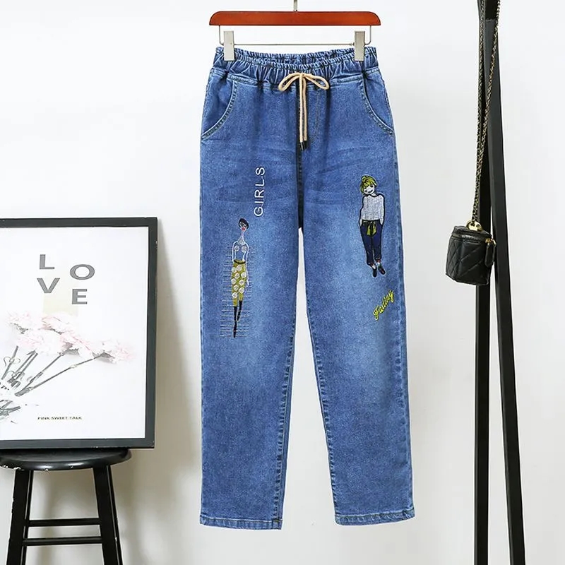 Jean femme d'âge moyen printemps automne taille extensible pantalon en Denim droit grande taille ample taille haute décontractée noir bleu pantalon
