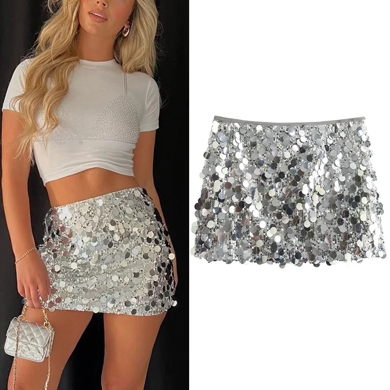 Jupe à paillettes argentées pour femmes, Mini jupe taille haute, mode, paillettes brillantes, jupes courtes élégantes pour femmes, jupes Y2k