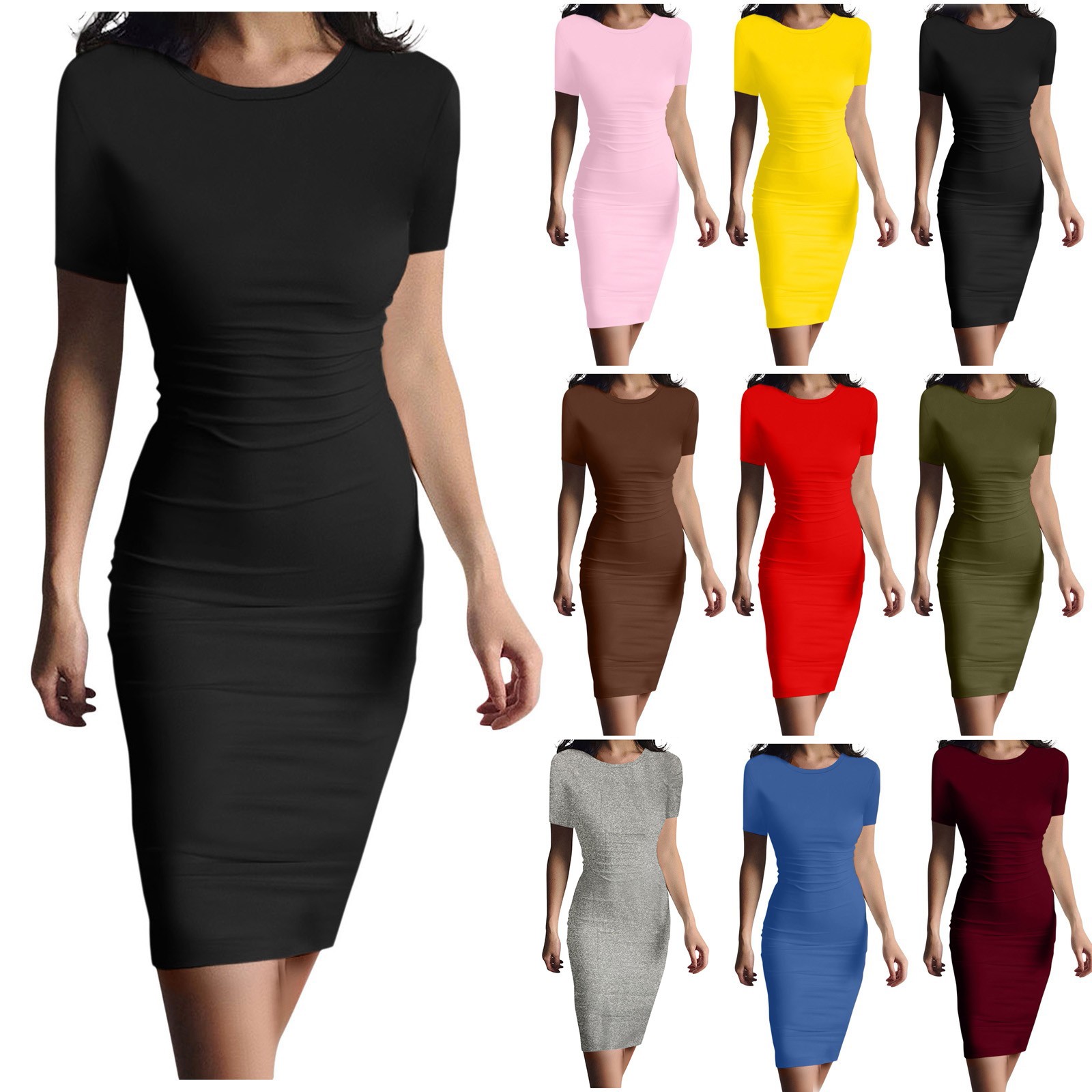 Robe d'été haute Stretch débardeur Robe solide à manches courtes décontracté mince longue Robe crayon femmes Sexy Robe Maxi élégant mince Robe