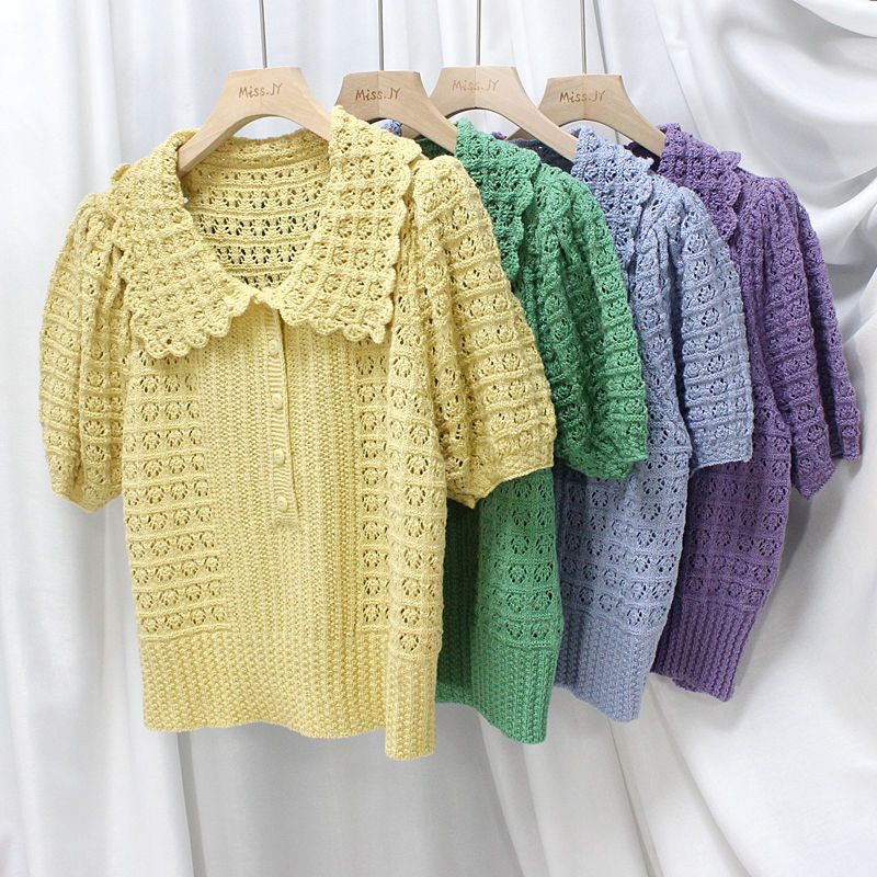 Cardigan à boutons pour femmes, T-shirt à manches courtes, simple boutonnage, col Peter Pan, nouveaux hauts d'été
