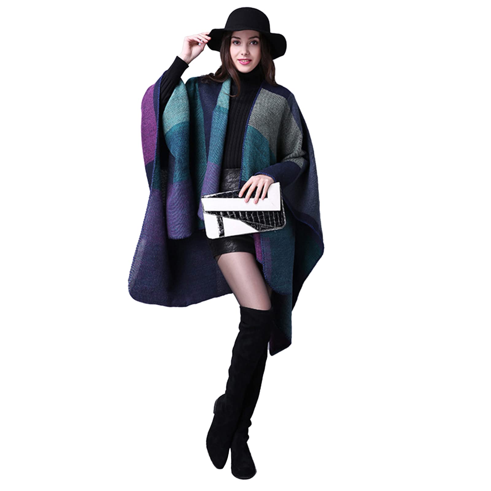 Épaissir hiver châle enveloppes Cape femmes automne Ponchos grande taille bloc Plaid ouvert devant pull polaire écharpe manteau tenues de vacances