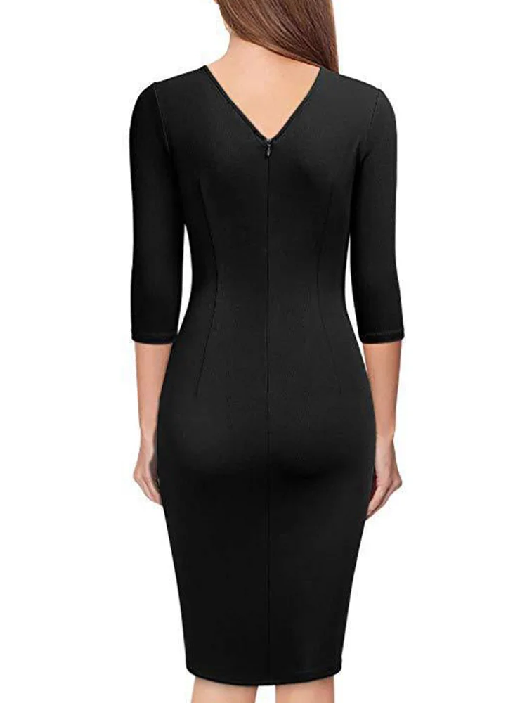 Robe courte moulante élégante pour femmes, manches longues, col en V, coupe cintrée, Robe de travail OL, couleur unie, robes de tous les jours, automne