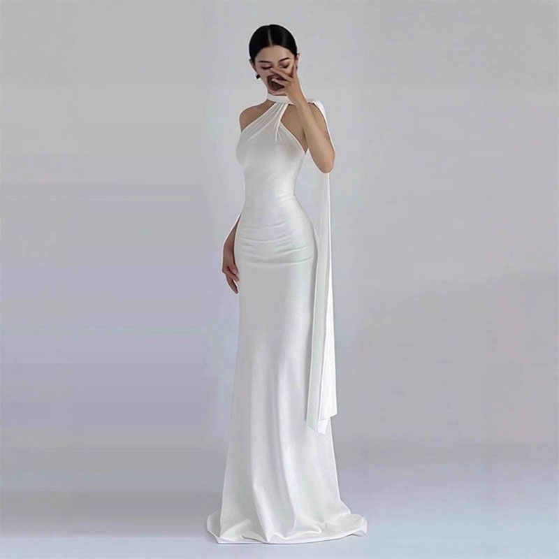 Robe de soirée sexy à épaules dénudées avec ruban, nouvelle collection printemps, couleur unie, taille haute, amincissante, pour banquets et soirées, élégante pour femme