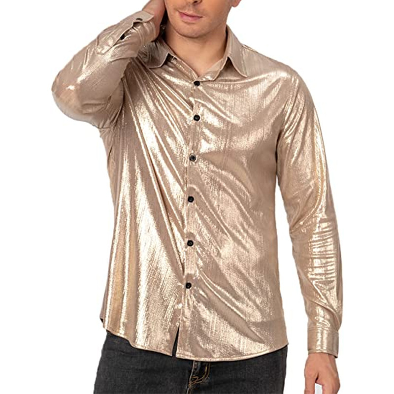 Chemise à paillettes dorées brillantes pour hommes, coupe cintrée, manches longues, chemises habillées des années 70, discothèque, fête, scène, Costume de chanteur