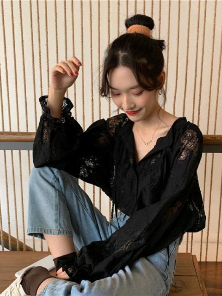 Blouses pour femmes 2026, manches longues, en dentelle, col en V, chemises amples d'automne, broderie lourde, transparentes, style vintage