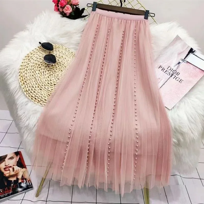Jupes en tulle plissées à perles pour femmes, nouvelle mode coréenne 2026, vêtements décontractés, faldas, taille haute, mi-longueur, noir, rose, jupe kawaii