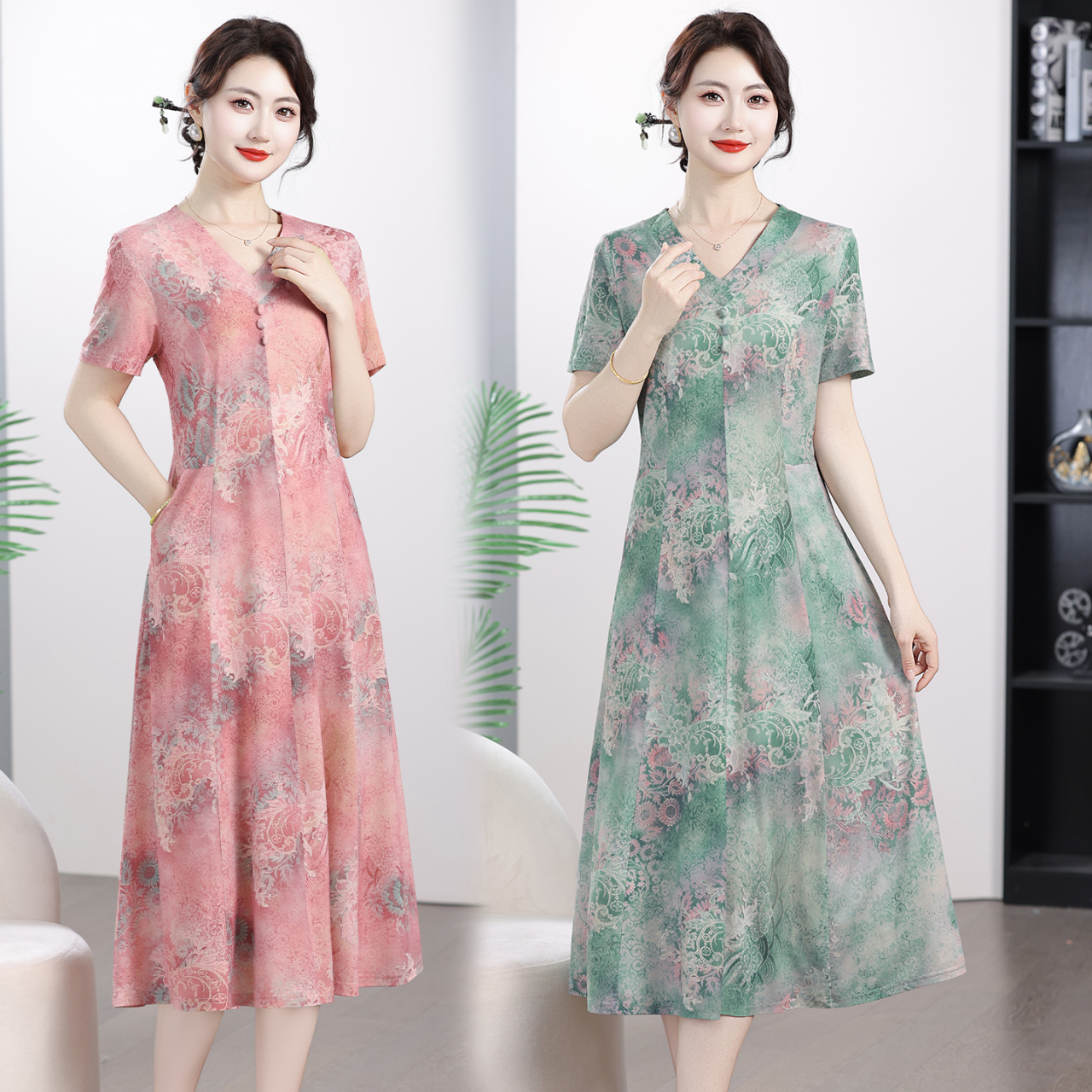 Robe midi florale pour femmes, robe trapèze à manches courtes et col en V avec poches, robe légère décontractée d'été pour le travail ou les fêtes, grande taille