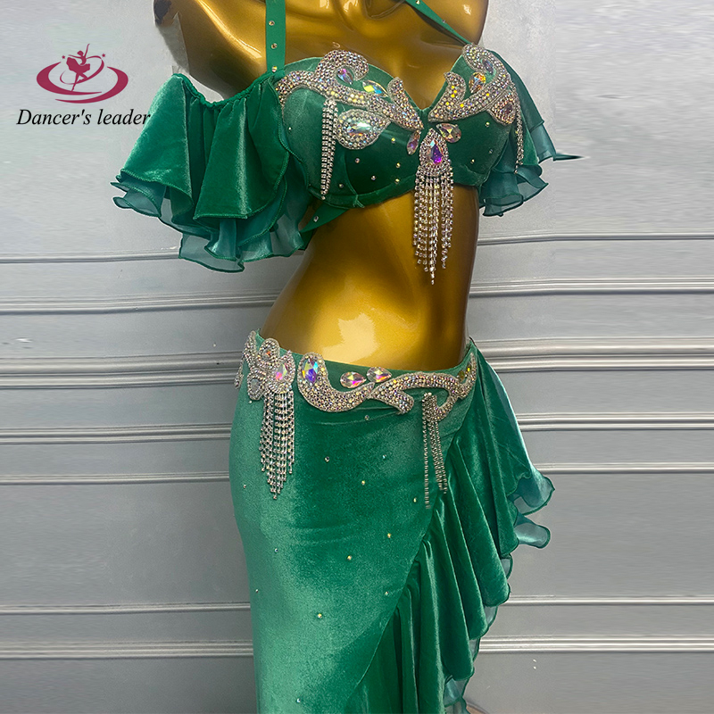 Costume de danse du ventre pour femmes, adultes et enfants, jupe en dentelle diagonale verte haut de gamme, robe Flash haute Performance Samba