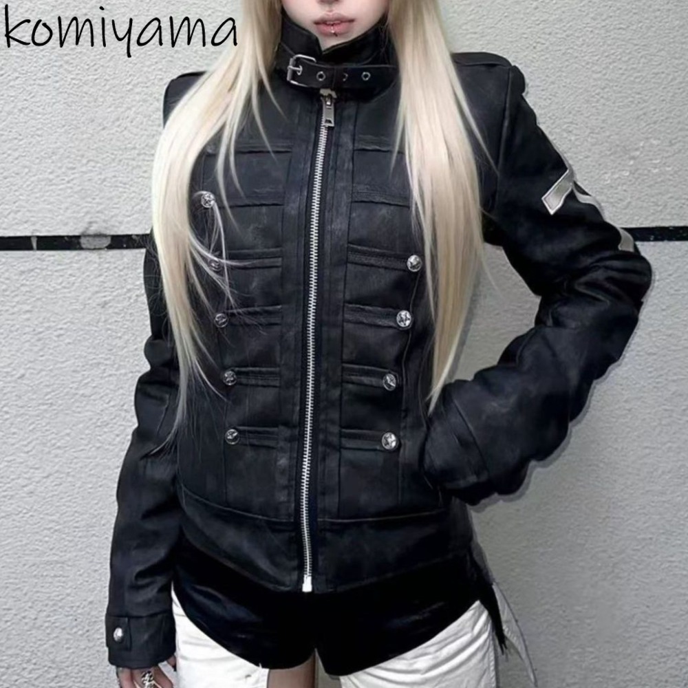 Veste pour femme à col à revers et fermeture éclair, style Y2K Gothique Harajuku Punk, à manches longues