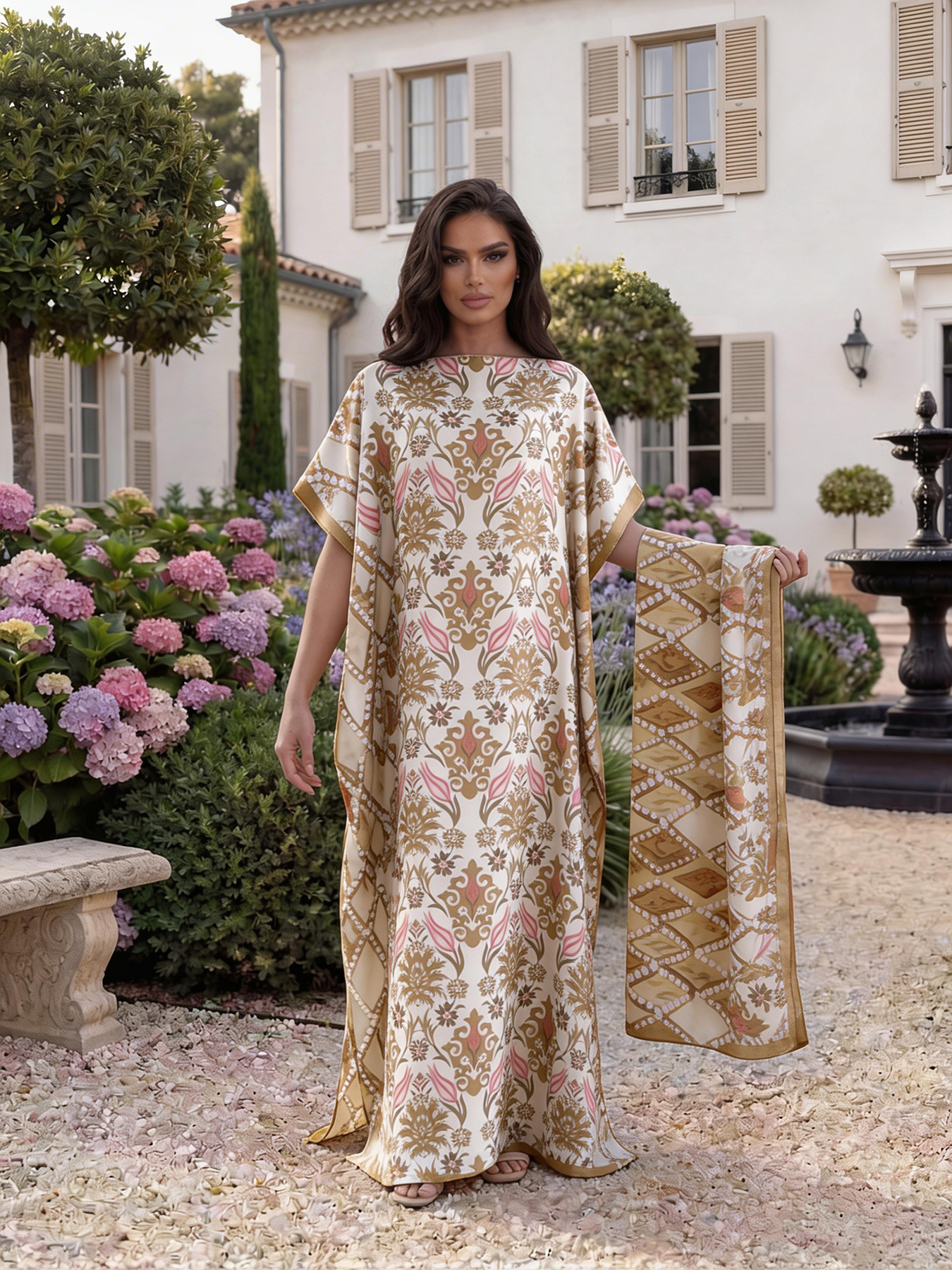 Abaya vintage en satin imprimé floral damassé avec foulard, kaftan maxi ample pour femmes musulmanes africaines, tenue d'été pour la plage et les vacances
