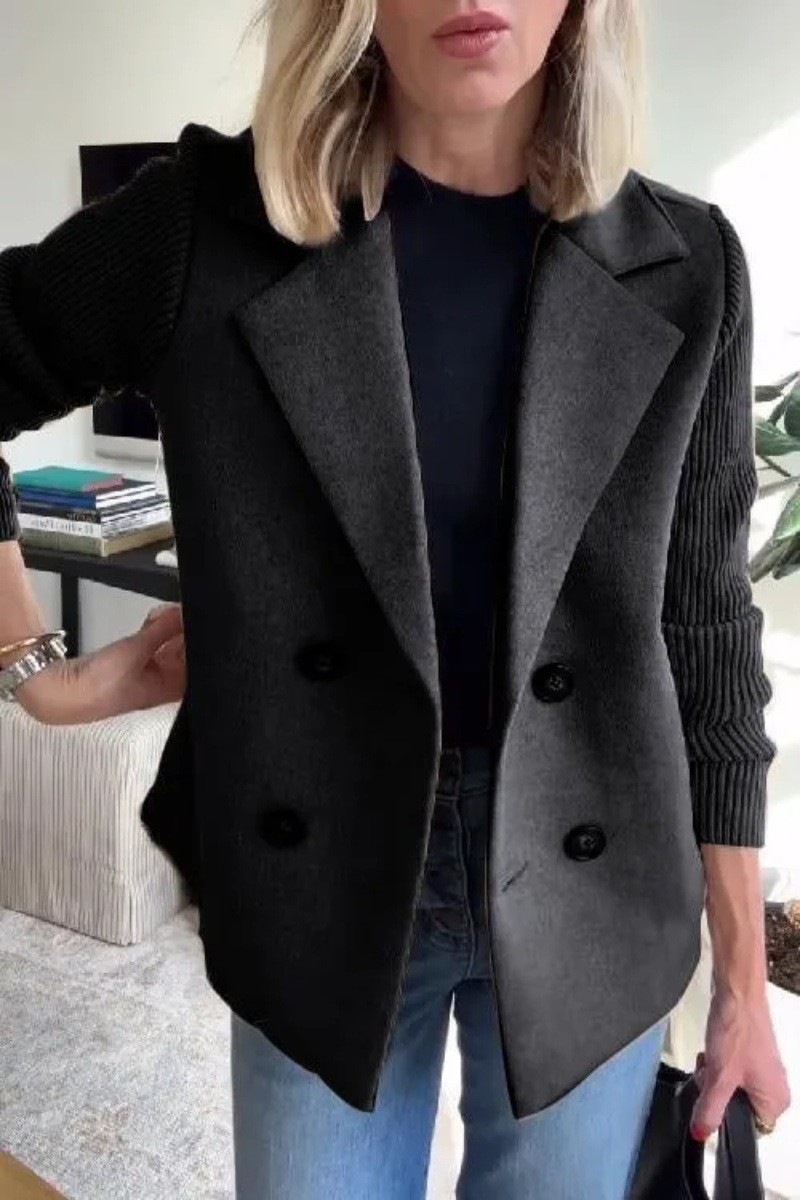 Manteau pour femme à manches tricotées, patchwork, double boutonnage, col rabattu, coupe ample, style veste de costume, style professionnel formel, manteau pull