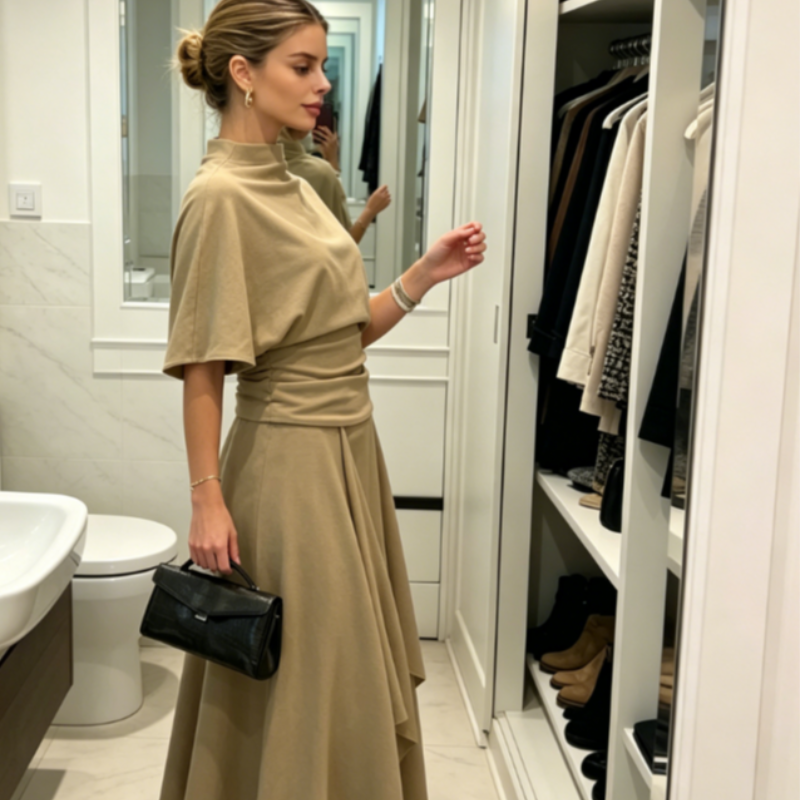 Ensemble deux pièces drapé camel pour femme, élégant, avec haut à col montant et taille froncée, jupe midi asymétrique, tenue décontractée pour le quotidien, les rendez-vous et le bureau 2026