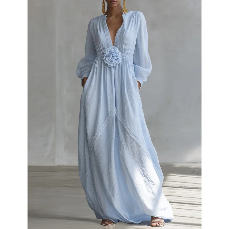 Robe longue bohème pour femme, col en V, manches longues, couleur unie, élégante et fluide, avec fleurs 3D, collection Printemps 2026