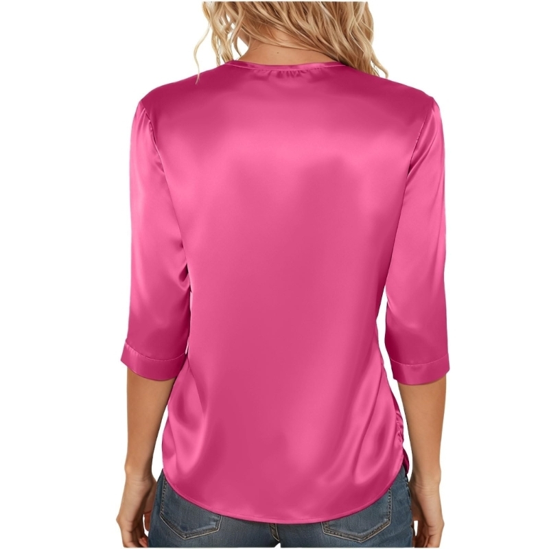 Chemisiers en satin soie pour femmes, tunique à manches 3/4, hauts décontractés, amples, chemise basique, D0UB