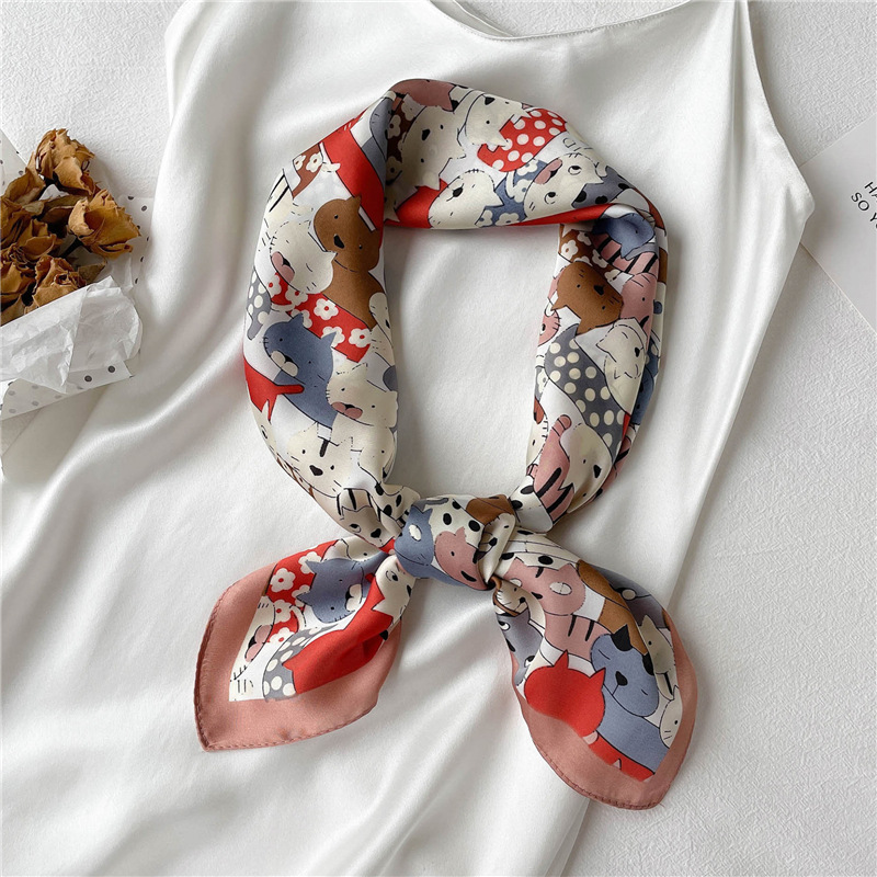 Foulard carré en Satin pour femmes, châle, bandeaux, petit foulard doux, imprimé chat, Hijab, 70cm, nouvelle collection 2026