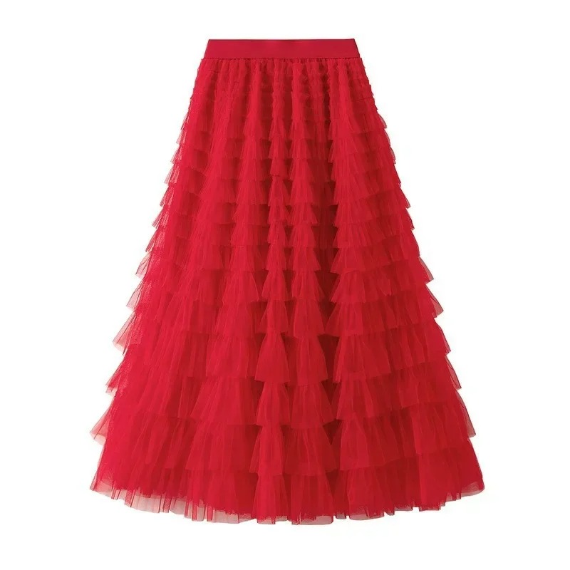 Jupe en maille à volants multicouches pour femmes, jupe longue en tulle, taille haute, vêtements de fête, monochromatique, bohème, printemps, été, salle de bain