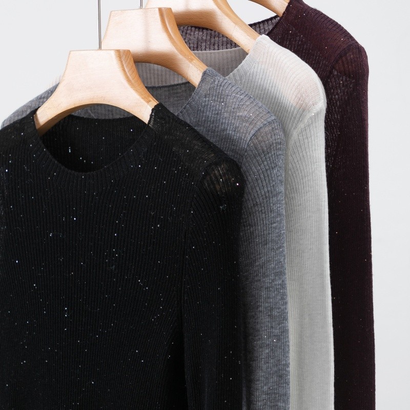 Pull à couche de base tricotée à col mi-haut et paillettes en laine mérinos 100 % super fine pour femme, pull fin ajusté, élégant et tendance pour les déplacements domicile-travail