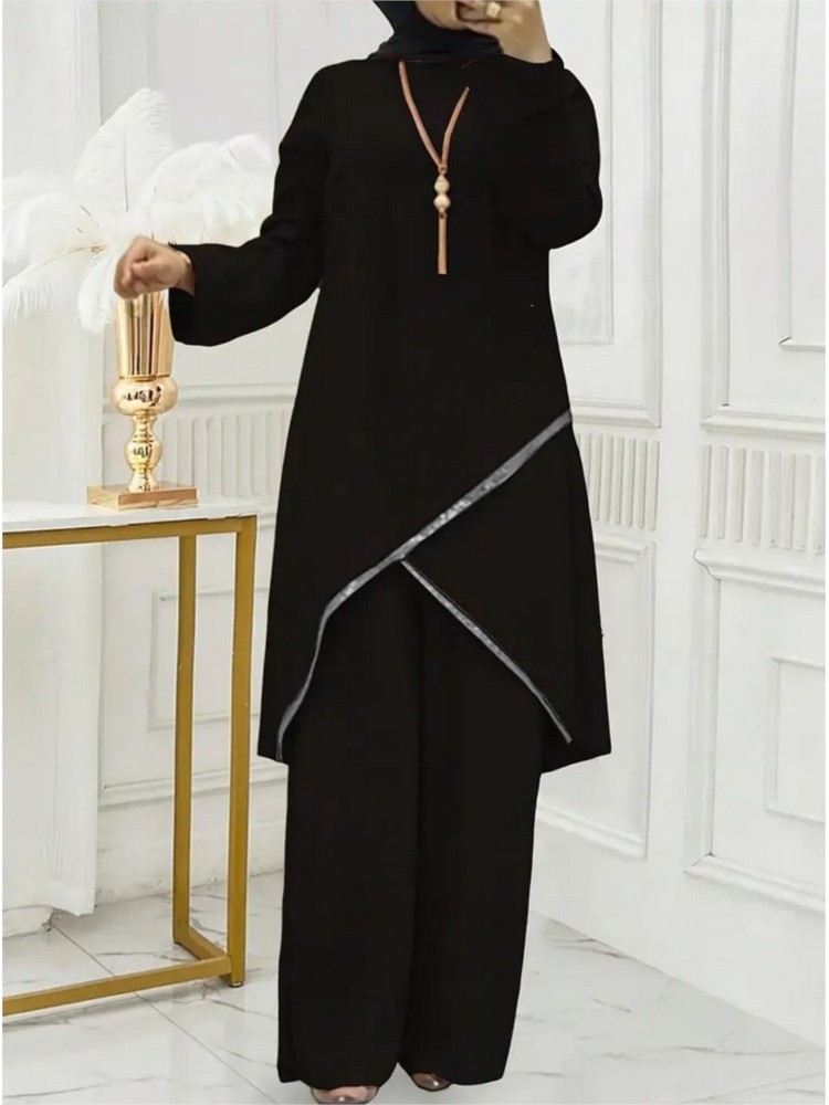 Ensemble Robe et Pantalon Large à Manches Longues Deux Pièces pour Femme Musulmane, Couleur Unie, Style Décontracté, Sportswear Tendance 2026