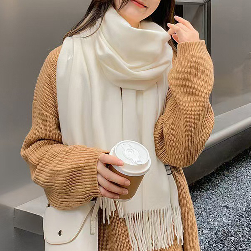 Écharpe blanche à pompons pour femme! Châle épais et chaud, design couleur unie, chaleur du cou, adapté aux temps froid et à un usage quotidien