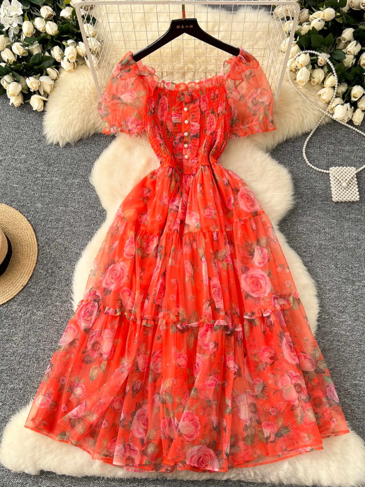 Rétro floral en mousseline de soie Dr taille femme cintrée une épaule bulle Sve Me jupe trajet coréen Sle taille haute a-ligne...