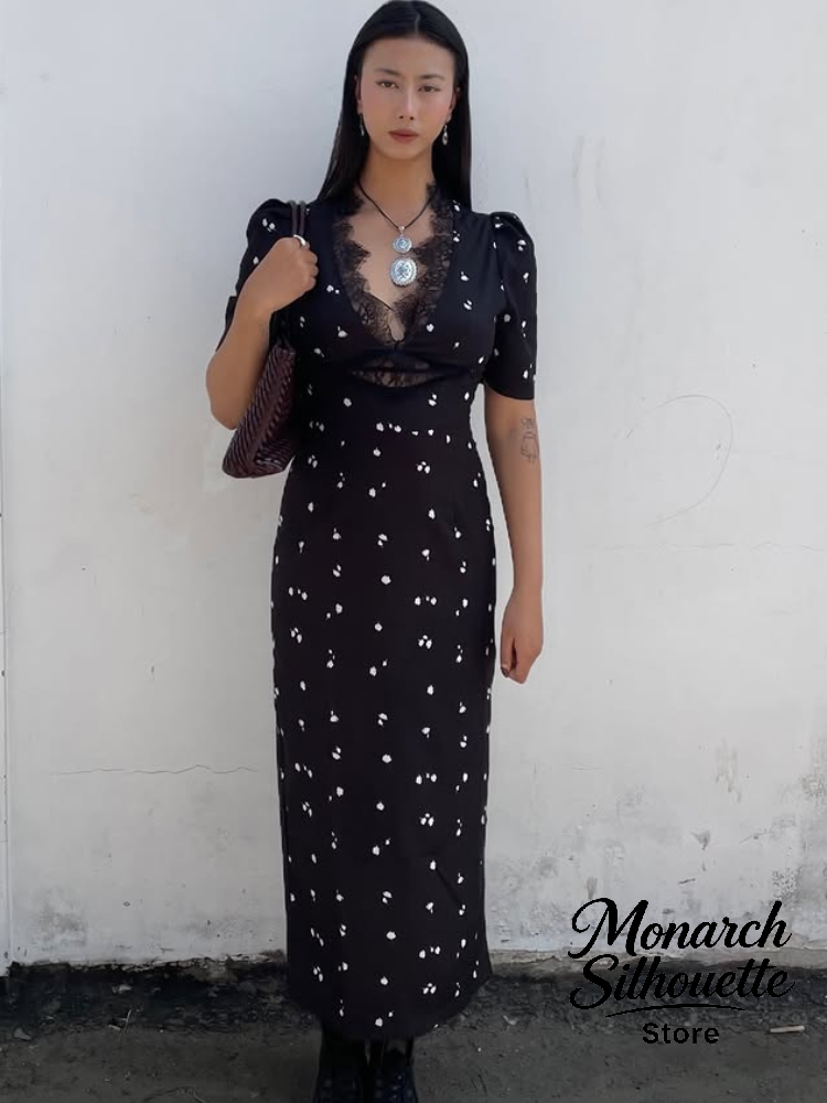 Robe longue noire en satin à imprimé patchwork et dentelle pour femme, col en V, manches courtes, taille haute, ajourée, pour le quotidien et les fêtes