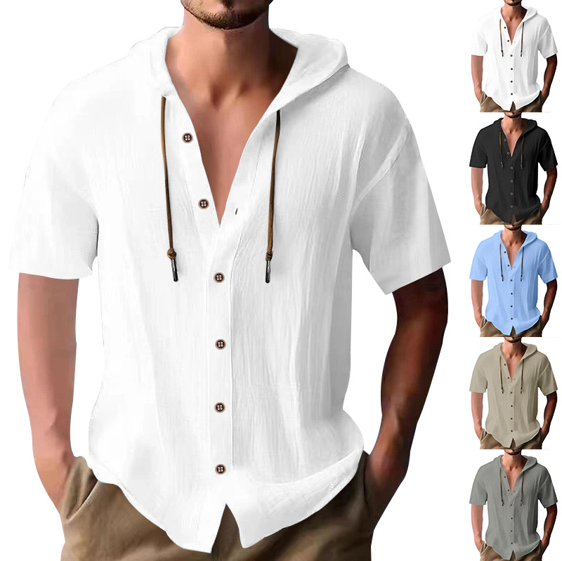 T-shirt homme 2026 décontracté à manches courtes, à capuche, boutonné, style ample, pour la plage, vêtements pour hommes