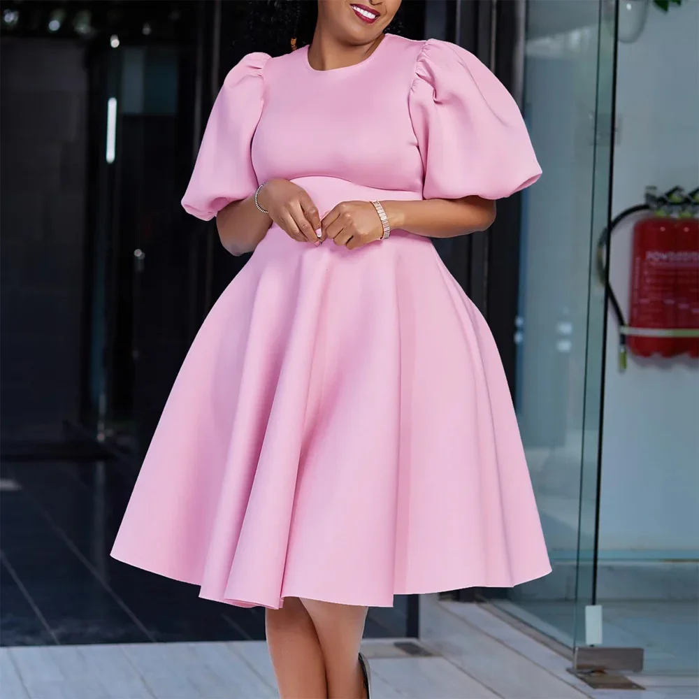 Robes élégantes pour femmes, col rond, manches courtes, taille haute plissée, mi-mollet, luxe féminin, fête d'anniversaire, robe éducative, 2024
