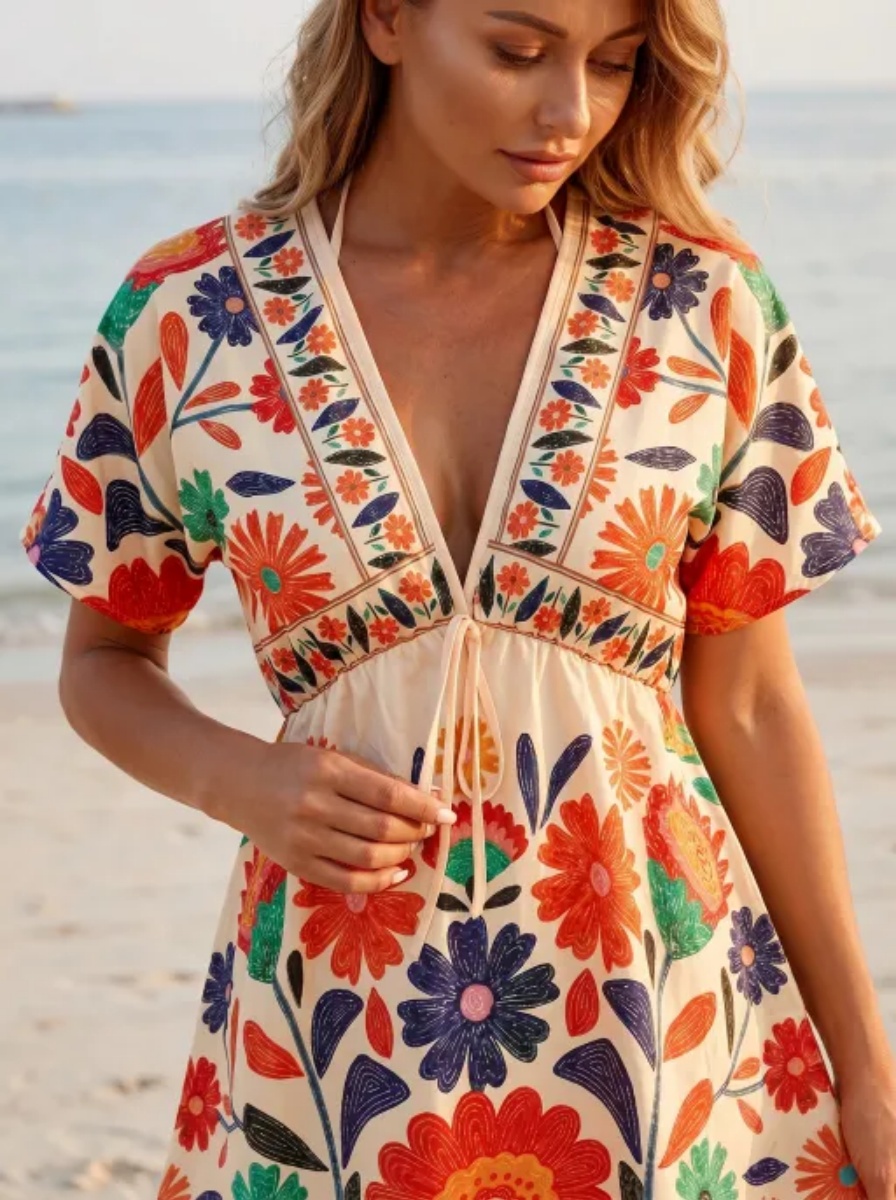 Robe de plage bohème à fleurs, col en V, manches courtes, mini-jupe, parfaite pour vos prochaines vacances