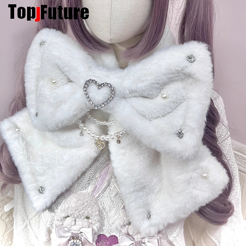 Ji System Subculture Imitation Rabbit Harajuku Goth Love Pearl Fluffy Lolita Steampunk Y2K Girl Women Hair Accessory Scarf