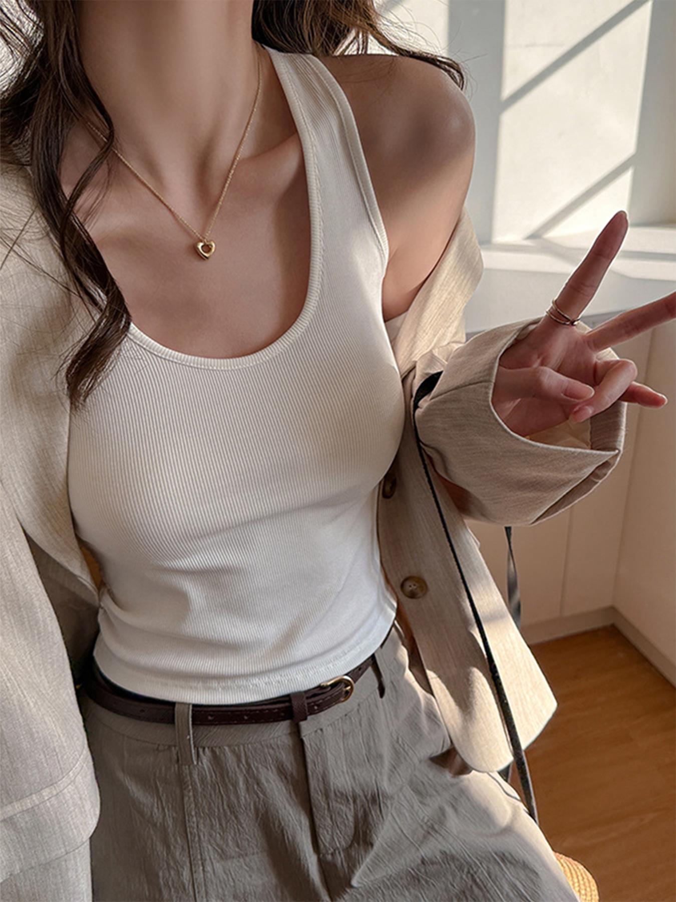 Débardeur Femme Coréen Uni en Dentelle, Tendance Été, Sans Manches, Col U, pour Vacances, en Coton Respirant