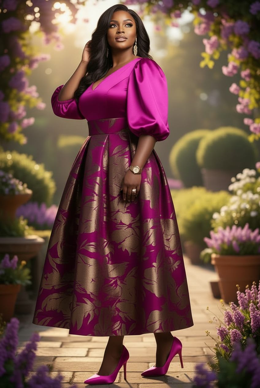 Robe midi jacquard florale grande taille pour femme, col en V, manches bouffantes, coupe évasée, idéale pour les invitées de mariage, l'église ou les soirées.