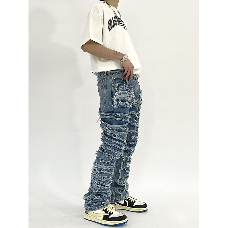 Nouvelle mode jean extensible homme jean empilé taille élastique coupe droite patchwork Denim pantalons longs frange déchiré jean pour hommes