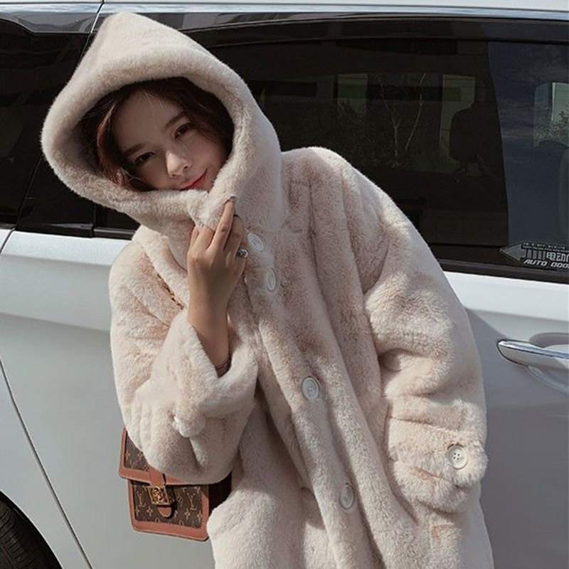 Manteau en fausse fourrure de lapin pour femme, pardessus à capuche, chaud, peluche, long, grande taille, optique, hiver, nouveau, 2021