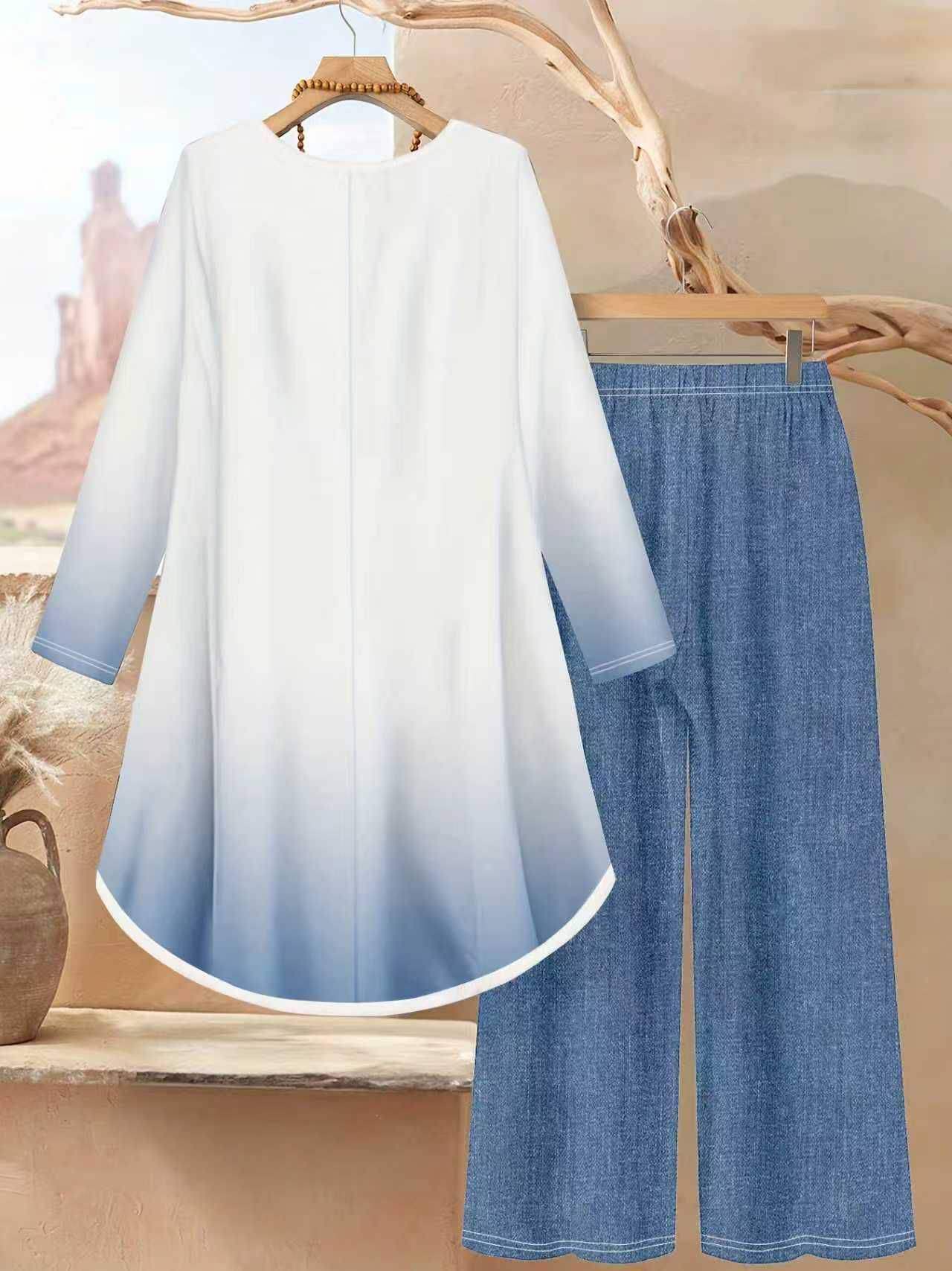 Ensemble 2 pièces pour femmes, haut ample à col rond et manches longues avec imprimé floral aquarelle et pantalon à jambes larges, adapté à un usage quotidien