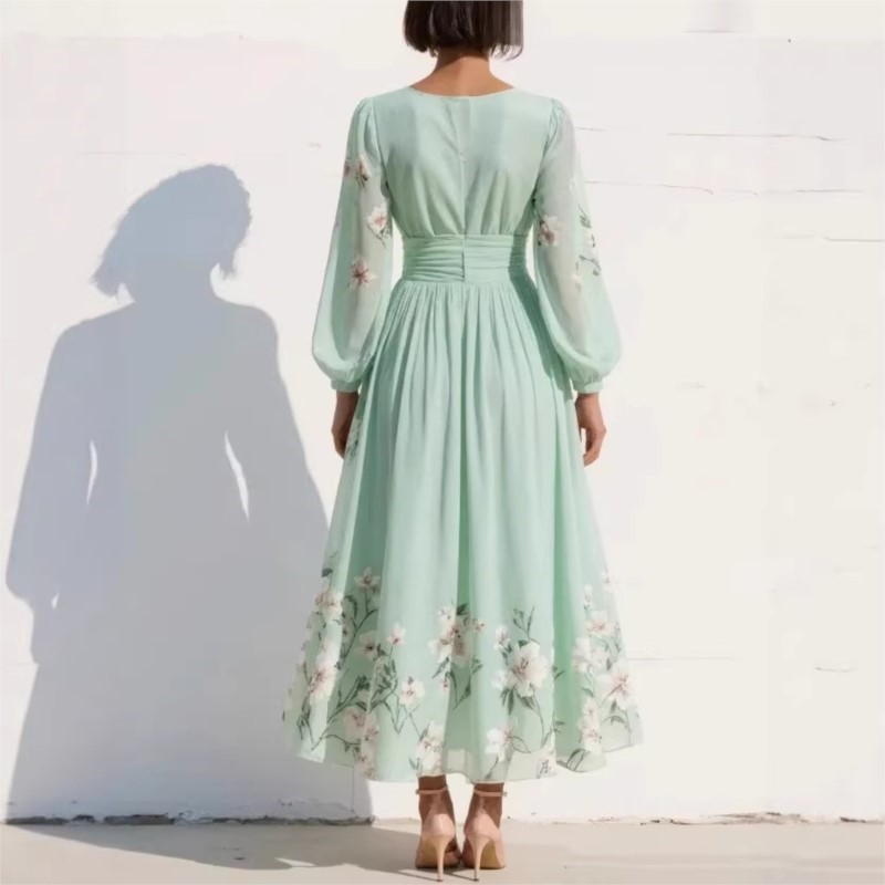 Nouvelle robe élégante pour femmes printemps-été, robe sexy à col en V, imprimé, manches longues, grande robe évasée, robe de fête, robe maxi pour femmes, vêtements