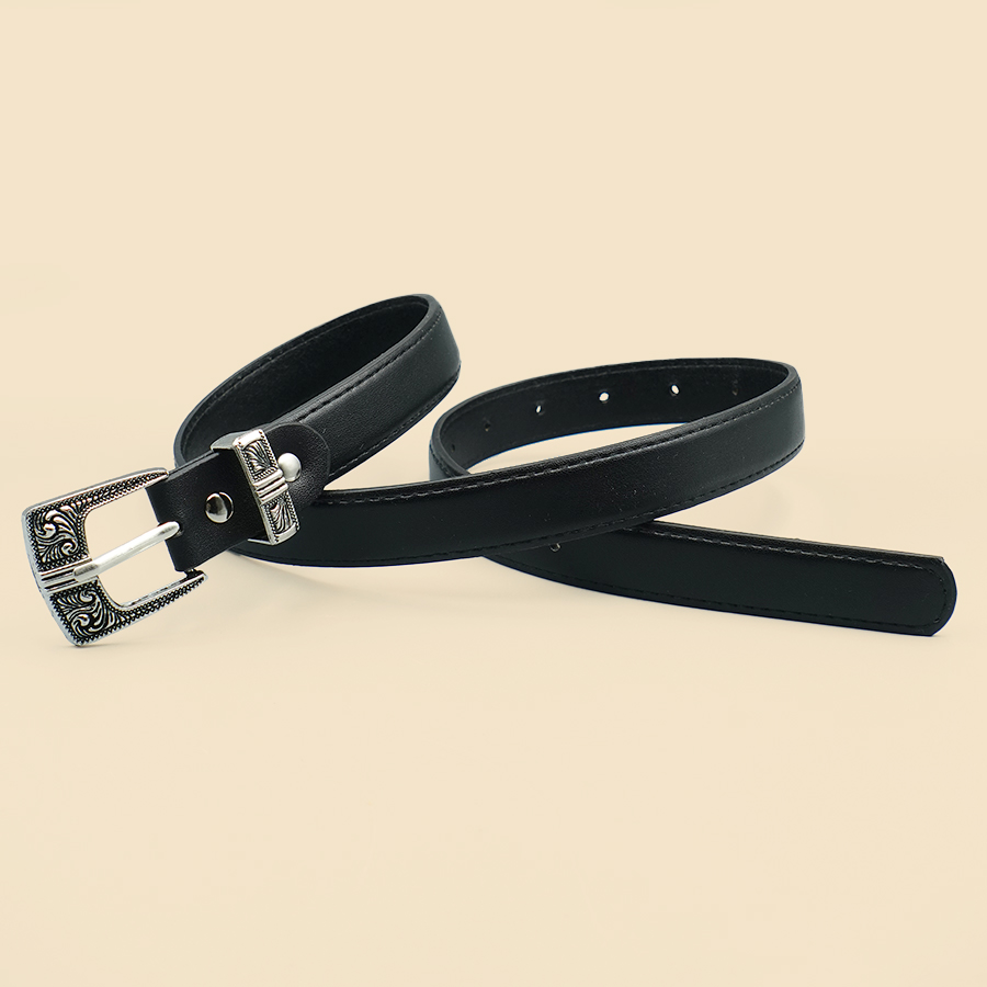 Ceinture pour femmes à bordure noire, couleur unie, ceinture quotidienne décontractée, boucle en alliage sculpté en argent, Date de déplacement quotidien, accessoires de mode
