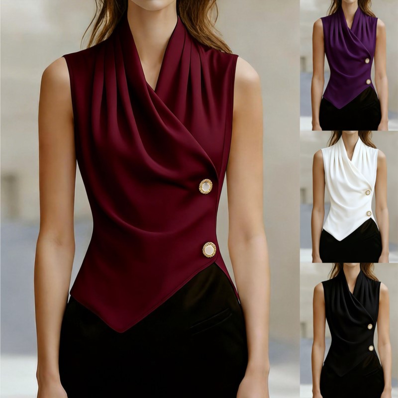 Blouses pour femmes 2026 Nouvelle mode estivale Col en V Plissé torsadé Sexy Polyvalent Chemise sans manches Hauts décontractés Vêtements pour femmes