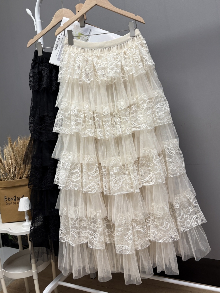 Maxi jupe longue femmes Crochet dentelle jupe 2025 Goth Lolita printemps été taille haute haut bas froncé à volants jupes plissées rok