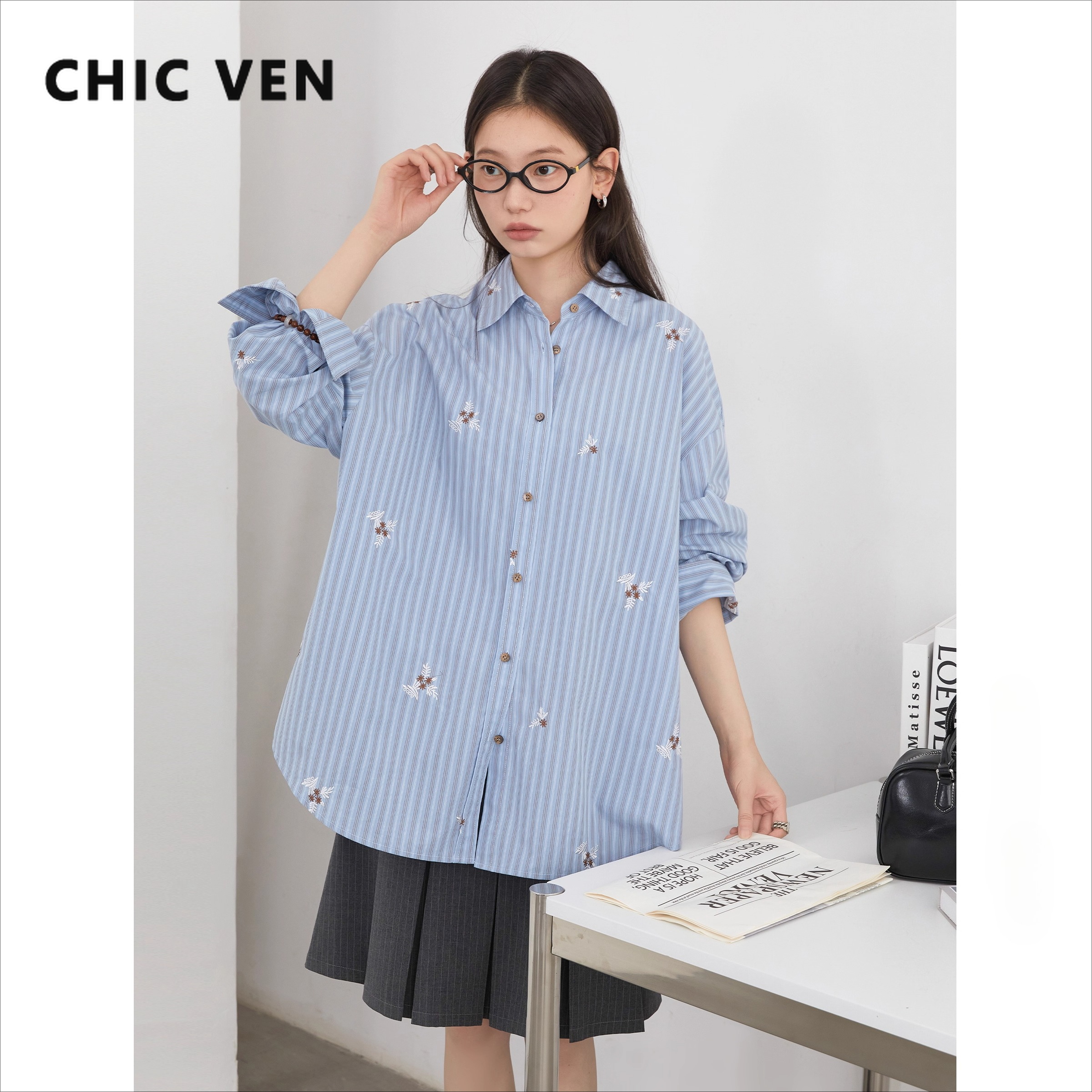 CHIC VEN femmes chemise ample décontracté à manches longues nouveau rayé brodé coton chemise femmes Blouses printemps automne 2025 vêtements