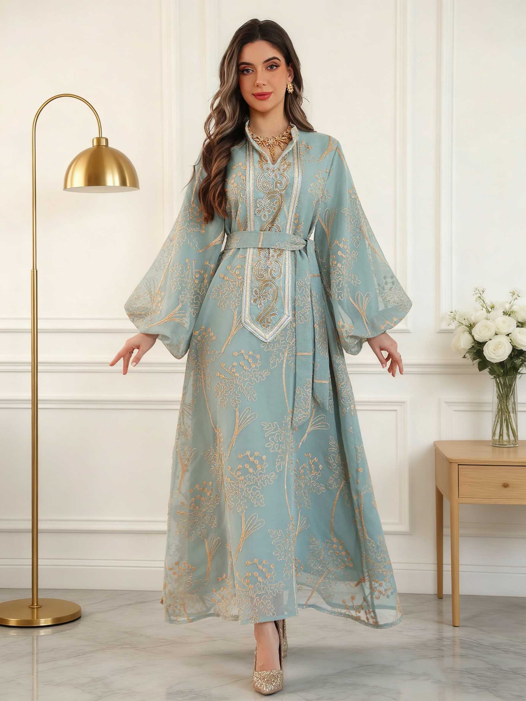 Robe Abaya Islamique Modeste pour Femme, Broderie Florale Dorée, Style Marocain, Ceinture Décontractée, Manches Ballon, Longue et Élégante
