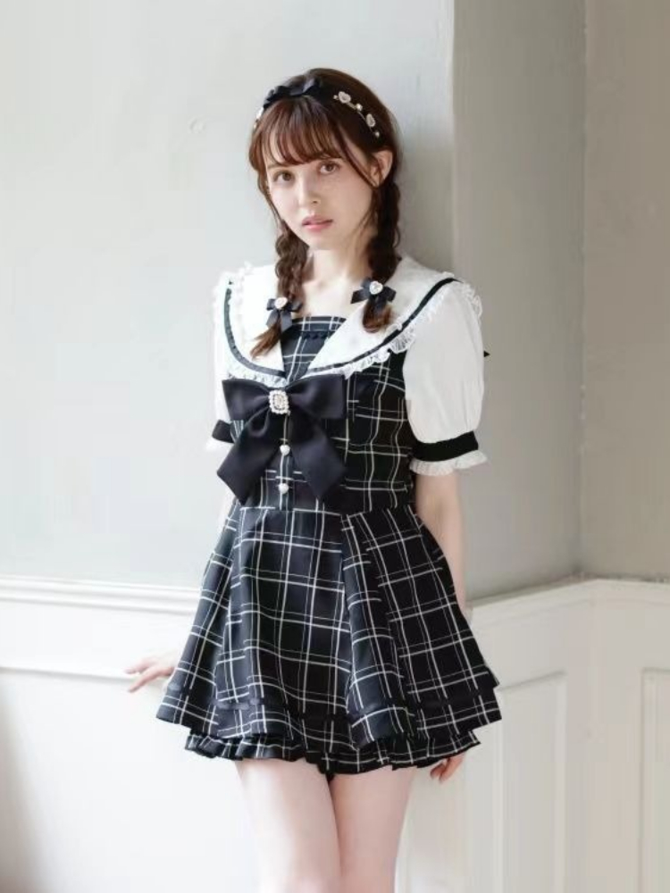 Robe japonaise faux deux pièces à carreaux pour femmes, en dentelle, Patchwork, fée Grunge, manches bouffantes, Y2k, esthétique JK, nœud doux