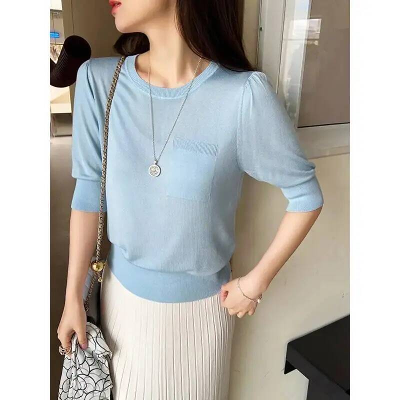 T-shirt en tricot de soie de mûrier 5% pour femme, fin, à manches mi-longues, collection printemps-été
